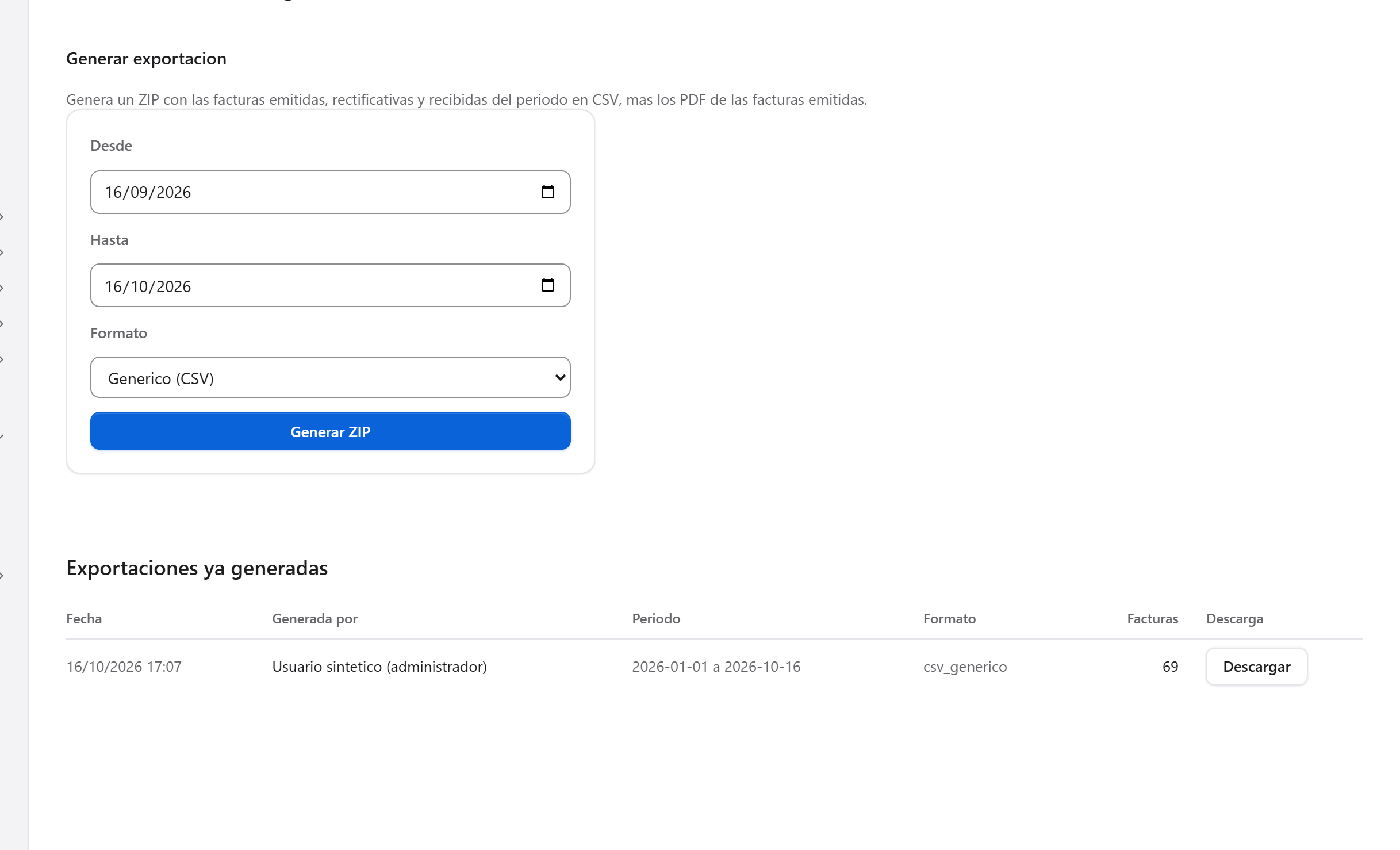 Pantalla de exportación a la gestoría con el periodo seleccionado.